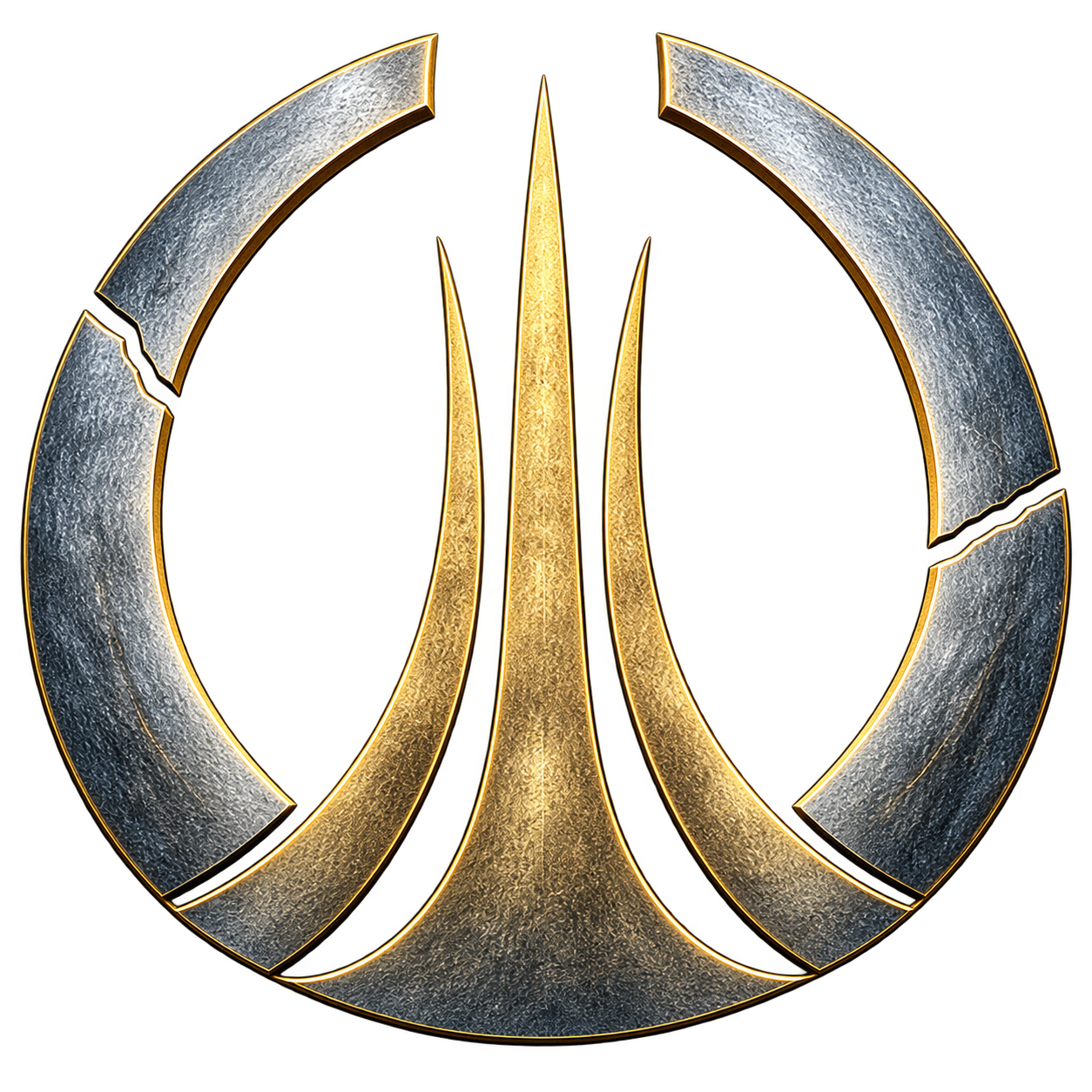 Open Crescendo: a fractured silver ring around three rising gold forms